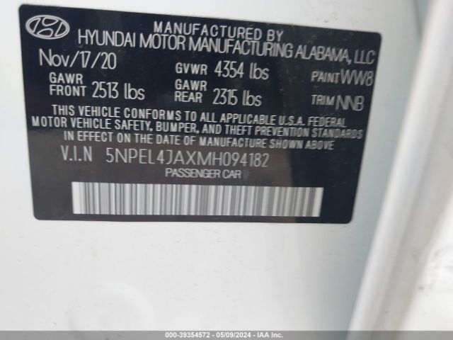 5NPEL4JAXMH094182 Hyundai SONATA SEL