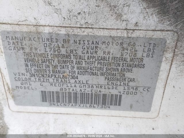 3N1CN7APXJL867304 Nissan Versa 1.6 S+