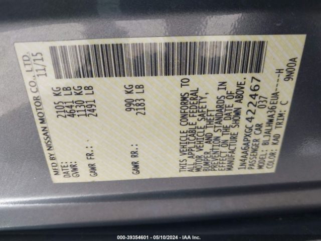 1N4AA6APXGC422467 Nissan Maxima 3.5 Platinum/3.5 S/3.5 Sl/3.5 Sr/3.5 Sv