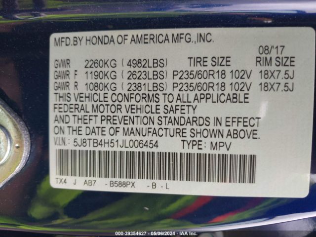 5J8TB4H51JL006454 Acura Rdx Technology   Acurawatch Plus Packages/technology Package