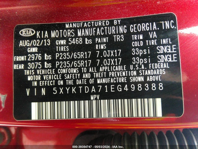 KIA Sorento Lx V6 2014 5XYKTDA71EG498388 Image 9