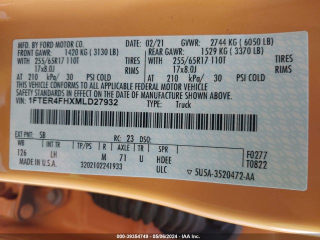 Ford Ranger Xlt 2021 1FTER4FHXMLD27932 Image 9