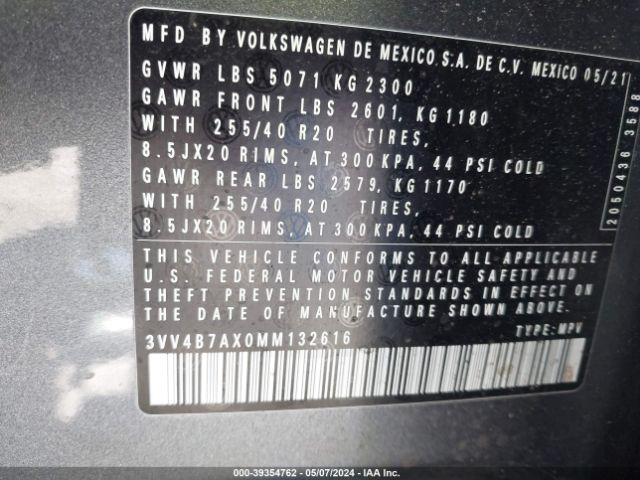 3VV4B7AX0MM132616 Volkswagen Tiguan 2.0t Sel Premium R-line