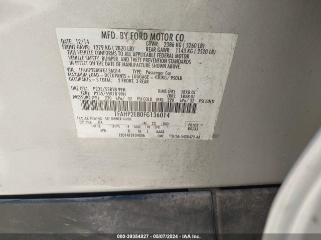Ford TAURUS SEL 2015 1FAHP2E80FG136014 Image 9