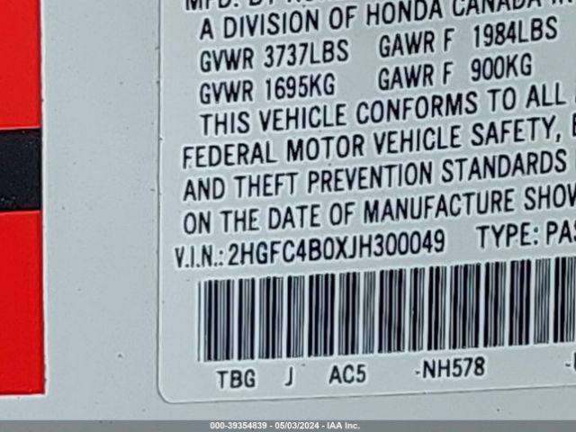 2HGFC4B0XJH300049 Honda Civic Lx-p