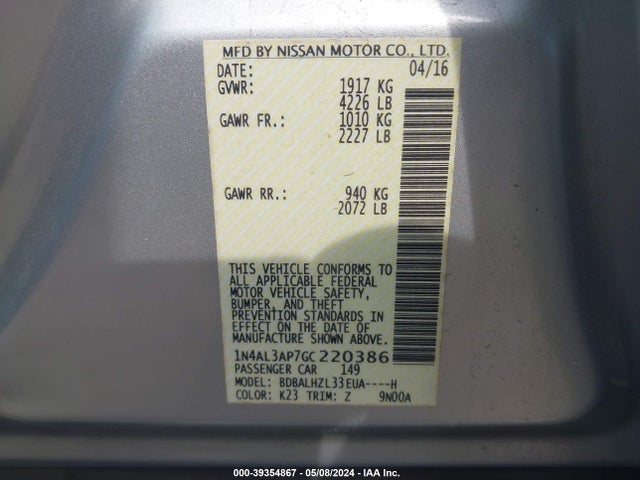 Nissan Altima 2.5 Sr 2016 1N4AL3AP7GC220386 Image 9