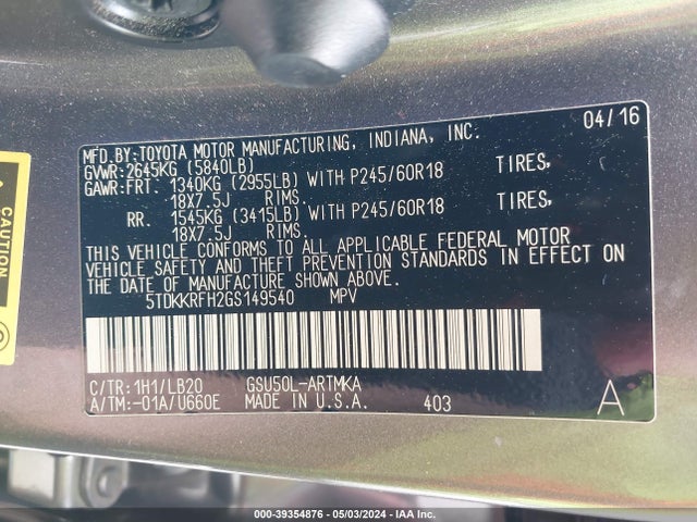 Toyota Highlander Xle V6 2016 5TDKKRFH2GS149540 Image 9