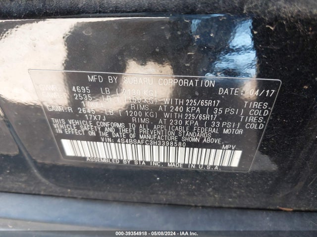 Subaru Outback 2.5i Premium 2017 4S4BSAFC3H3398580 Image 9
