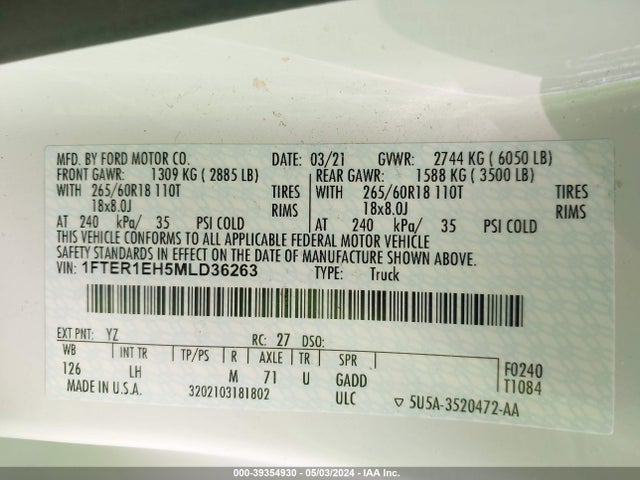 Ford RANGER XL 2021 1FTER1EH5MLD36263 Image 9