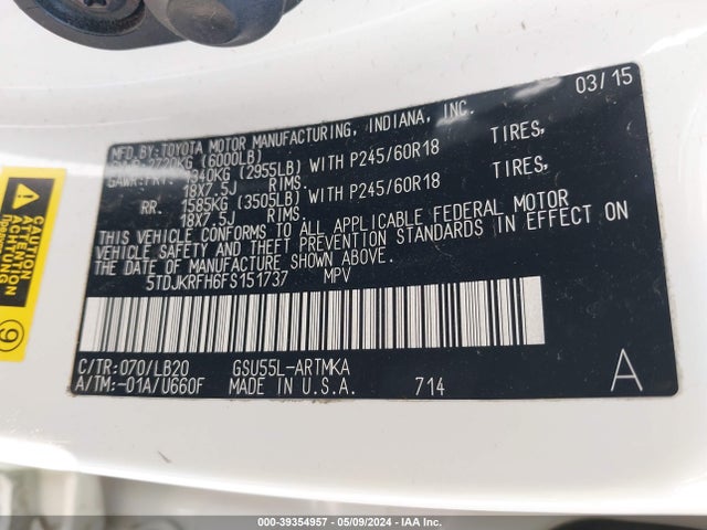 Toyota Highlander Xle V6 2015 5TDJKRFH6FS151737 Image 9
