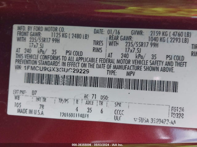 Ford ESCAPE SE 2016 1FMCU9GX3GUC29229 Image 9