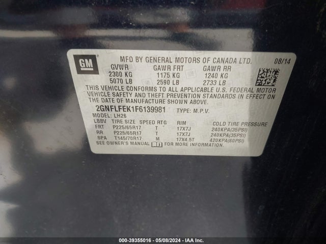 Chevrolet EQUINOX 1LT 2015 2GNFLFEK1F6139981 Image 9