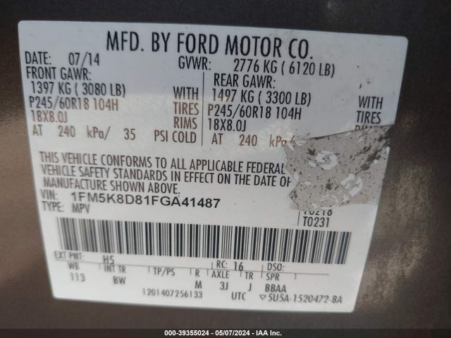 Ford EXPLORER XLT 2015 1FM5K8D81FGA41487 Image 9