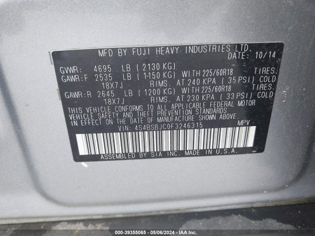Subaru Outback 2.5i Limited 2015 4S4BSBJC0F3246315 Image 9