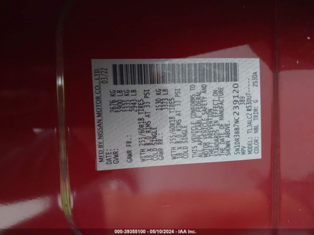 5N1DR3BB7NC239120 Nissan Pathfinder Sv 2wd