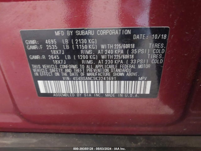 Subaru Outback 2.5i Limited 2019 4S4BSANC5K3241691 Image 9