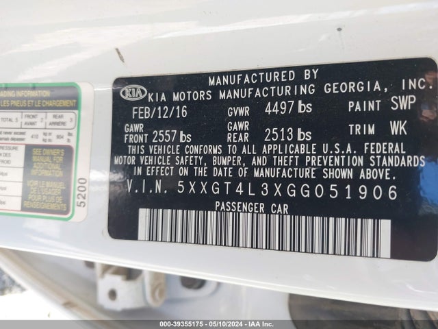 KIA Optima Lx 2016 5XXGT4L3XGG051906 Image 9