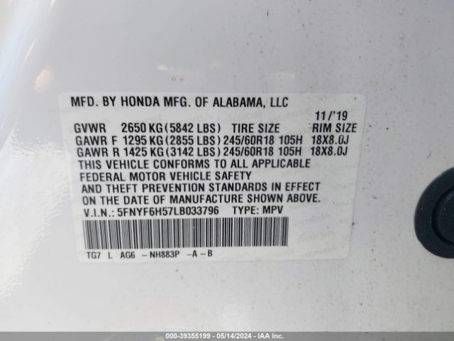 5FNYF6H57LB033796 Honda Pilot Awd Ex-l