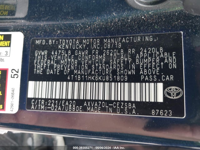 Toyota CAMRY SE 2019 4T1B11HK6KU851809 Image 9