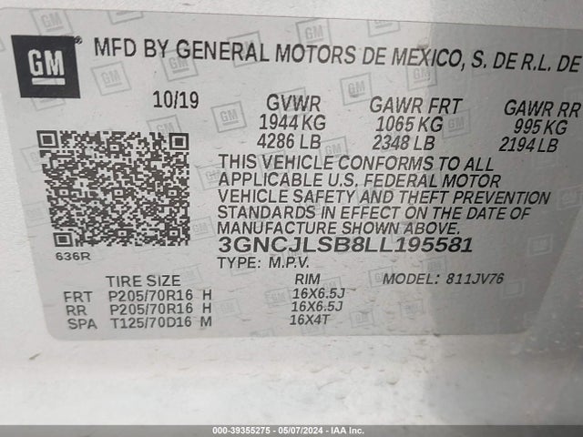 Chevrolet Trax Fwd Lt 2020 3GNCJLSB8LL195581 Image 9