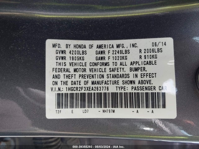 Honda ACCORD LX 2014 1HGCR2F3XEA263776 Image 9