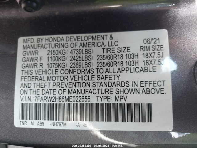 Honda Cr-v Awd Ex-l 2021 7FARW2H86ME022656 Image 9