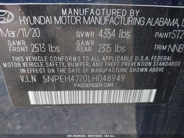 Hyundai Sonata Limited 2020 5NPEH4J20LH048949 Image 9