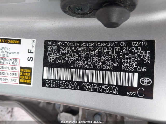 Toyota COROLLA L 2020 JTDDPRAE3LJ013092 Image 9