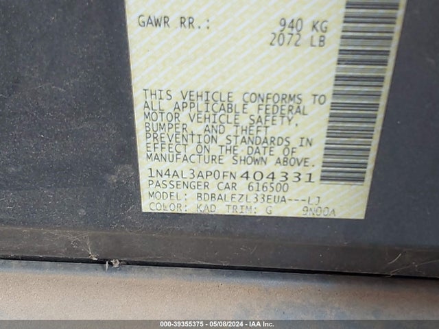 Nissan Altima 2.5 S 2015 1N4AL3AP0FN404331 Image 9