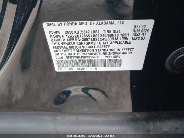 Honda Pilot Ex 2017 5FNYF6H45HB015683 Image 9