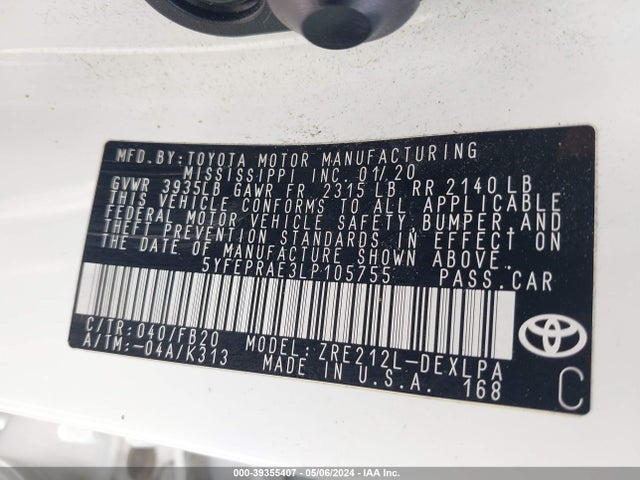 Toyota COROLLA LE 2020 5YFEPRAE3LP105755 Image 9