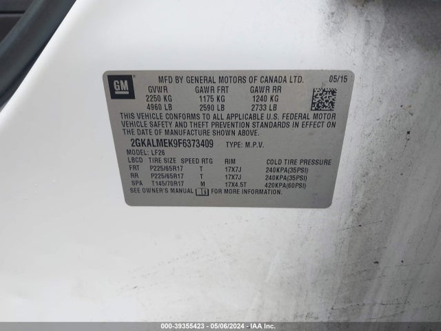 GMC Terrain Sle-1 2015 2GKALMEK9F6373409 Image 9