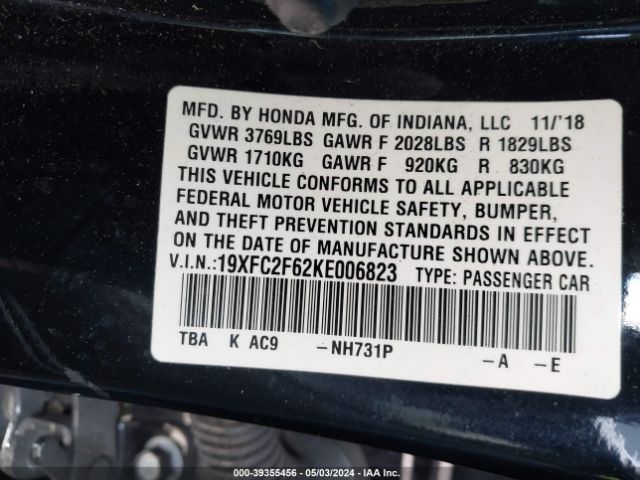 19XFC2F62KE006823 Honda Civic Lx