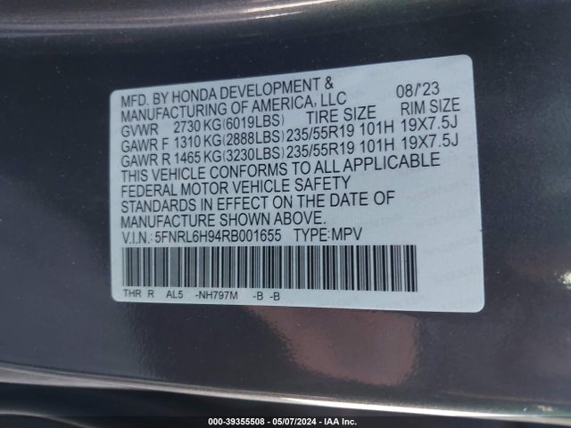2024 Honda Odyssey Elite მანქანა იყიდება აუქციონზე, vin: 5FNRL6H94RB001655, აუქციონის ნომერი: 39355508