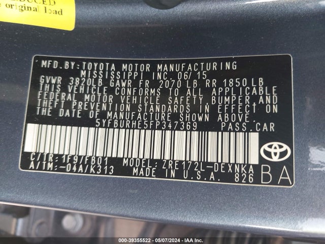 Toyota COROLLA LE 2015 5YFBURHE5FP347369 Image 9