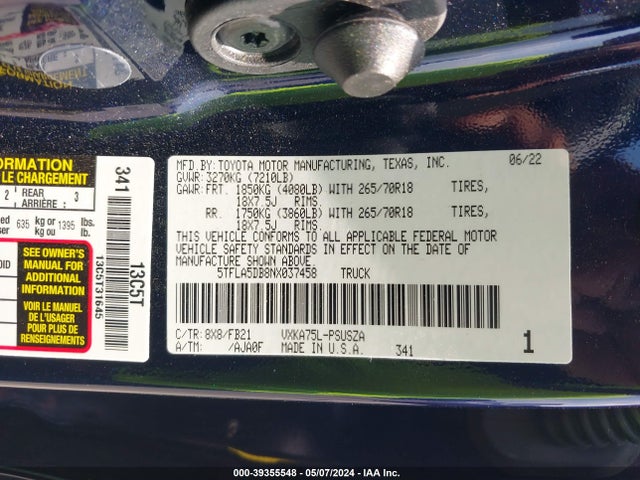 Toyota Tundra Sr5 2022 5TFLA5DB8NX037458 Image 9
