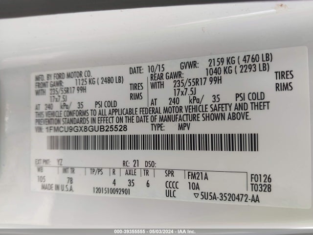 Ford ESCAPE SE 2016 1FMCU9GX8GUB25528 Image 9