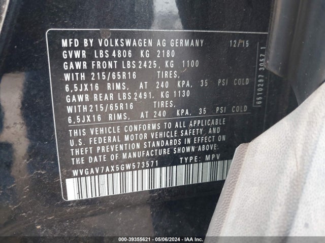 WVGAV7AX5GW573571 Volkswagen TIGUAN S