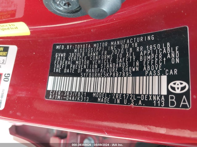 Toyota COROLLA LE 2019 5YFBURHE5KP887895 Image 9
