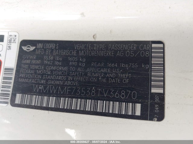 2008 MINI COOPER S WMWMF73538TV36870 Photo 8