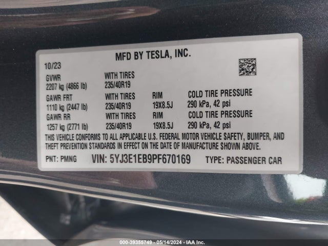 Tesla Model 3 Long Range Dual Motor All-wheel Drive 2023 5YJ3E1EB9PF670169 Image 9