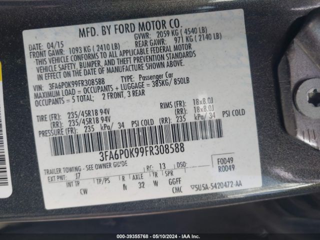 3FA6P0K99FR308588 Ford Fusion Titanium