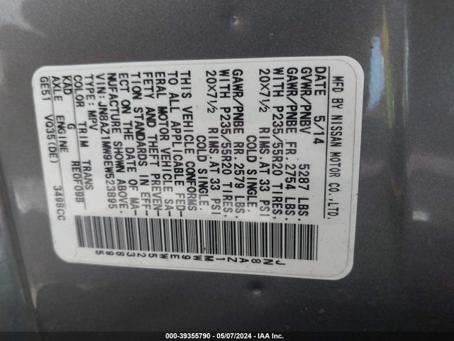 Nissan Murano Le 2014 JN8AZ1MW9EW523895 Image 9