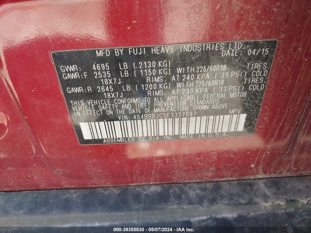 Subaru Outback 2.5i Limited 2015 4S4BSBJC5F3327097 Image 9