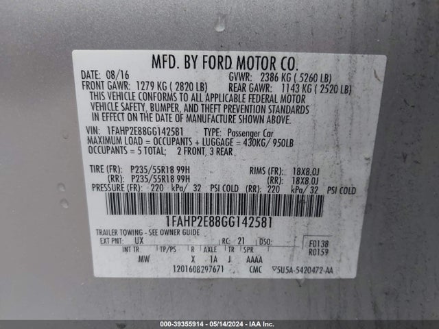 Ford TAURUS SEL 2016 1FAHP2E88GG142581 Image 9