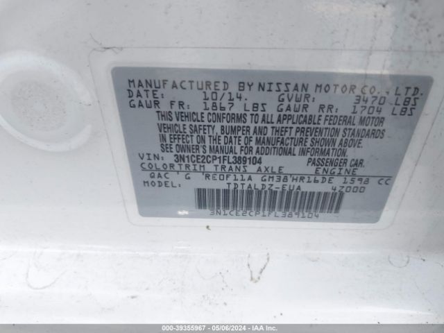 3N1CE2CP1FL389104 Nissan Versa Note Sv