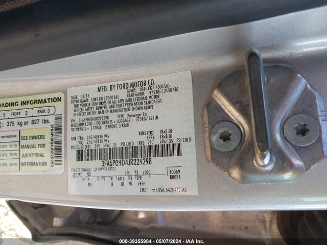 Ford FUSION SE 2018 3FA6P0HD4JR229298 Image 9