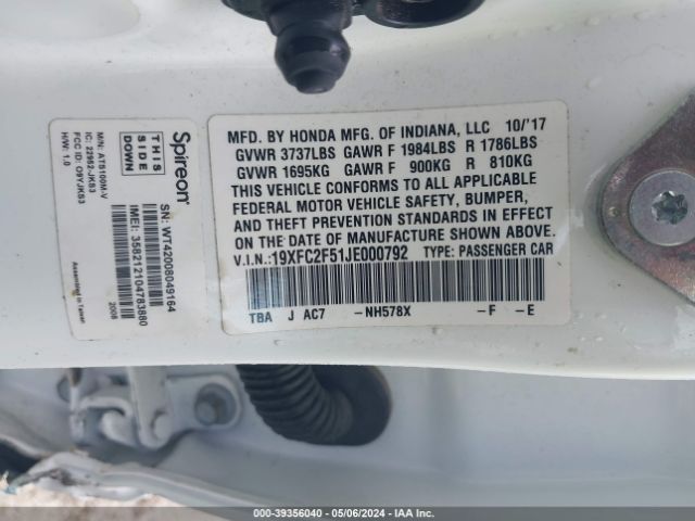 19XFC2F51JE000792 Honda Civic Lx