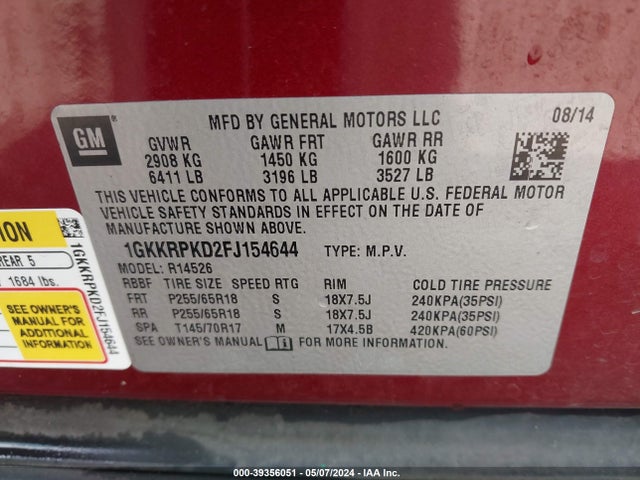 1GKKRPKD2FJ154644 GMC Acadia Sle-2