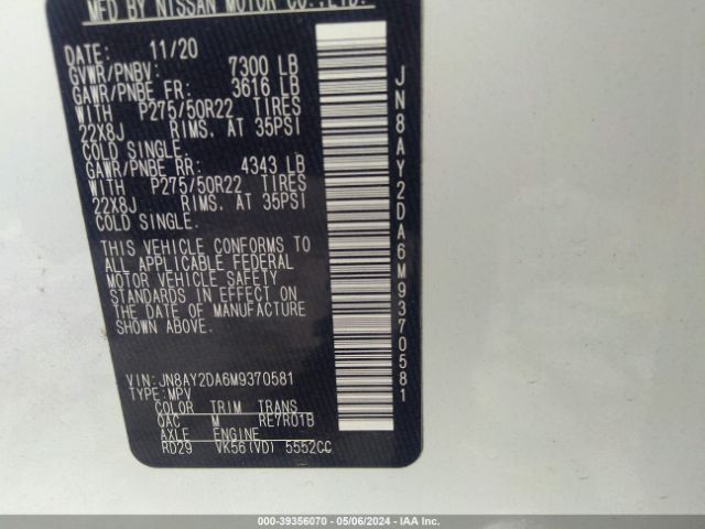 JN8AY2DA6M9370581 Nissan Armada Platinum 2wd
